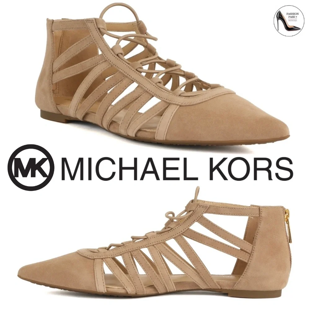 Michael Kors Clarissa Nude Suede Flat Sandals Leather Pointed Toe Slide Flats 8 - Picture 2 of 11